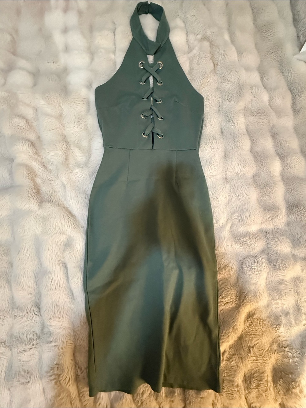 Fashion Nova Hunter Green Halter Lace-Up Maxi Dress